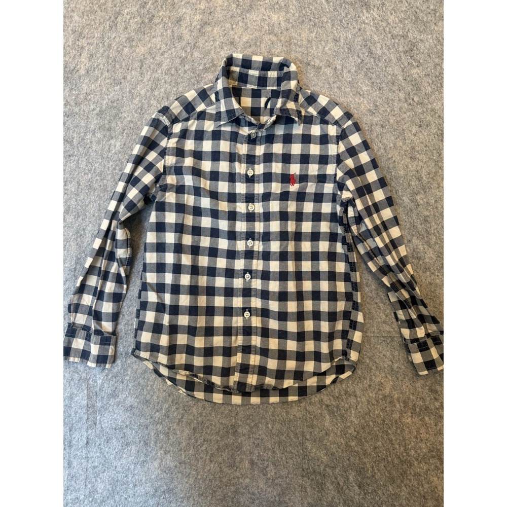 Polo Ralph Lauren Boys Shirt Youth M 8-10 Navy White Gingham Plaid Long Sleeve